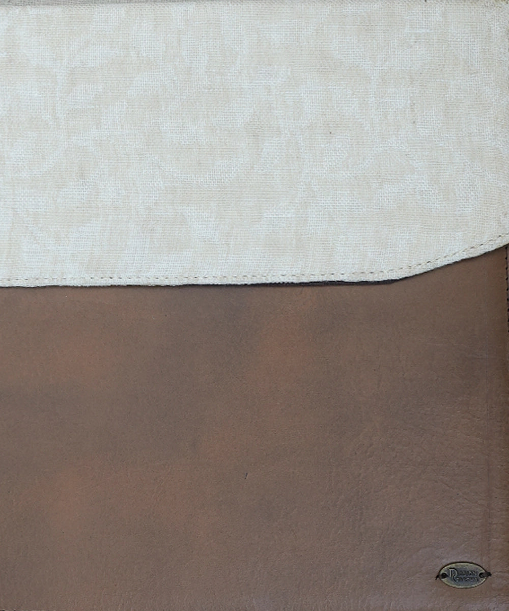 White Jacquard with Pure Leather Handcrafted Laptop Sleeve | Magnetic Button Closure