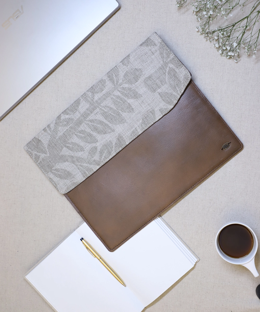 Grey Jacquard with Pure Leather Handcrafted Laptop Sleeve | Magnetic Button Closure