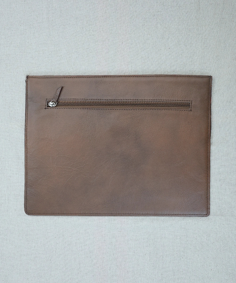 Grey Jacquard with Pure Leather Handcrafted Laptop Sleeve | Magnetic Button Closure