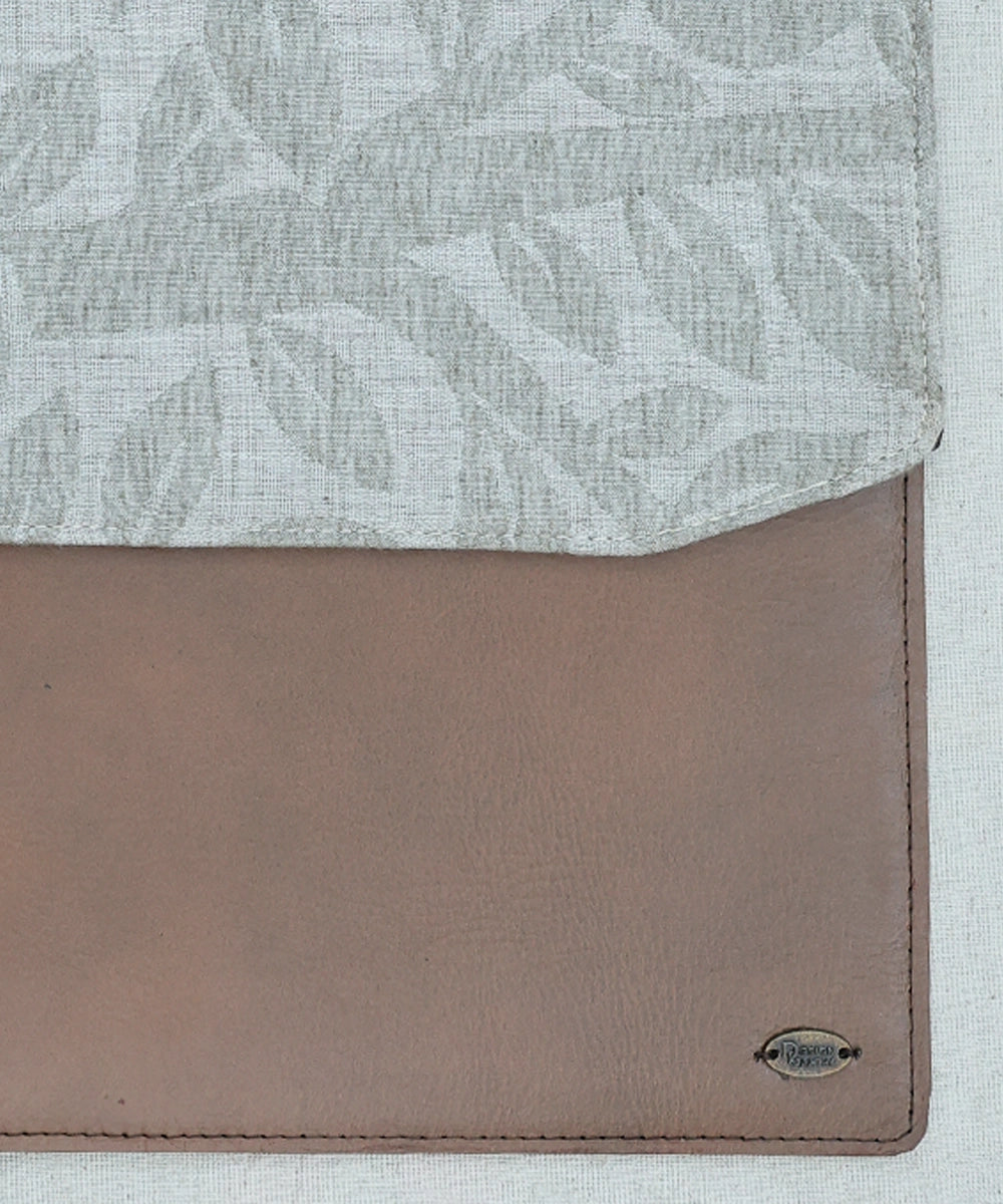 Grey Jacquard with Pure Leather Handcrafted Laptop Sleeve | Magnetic Button Closure