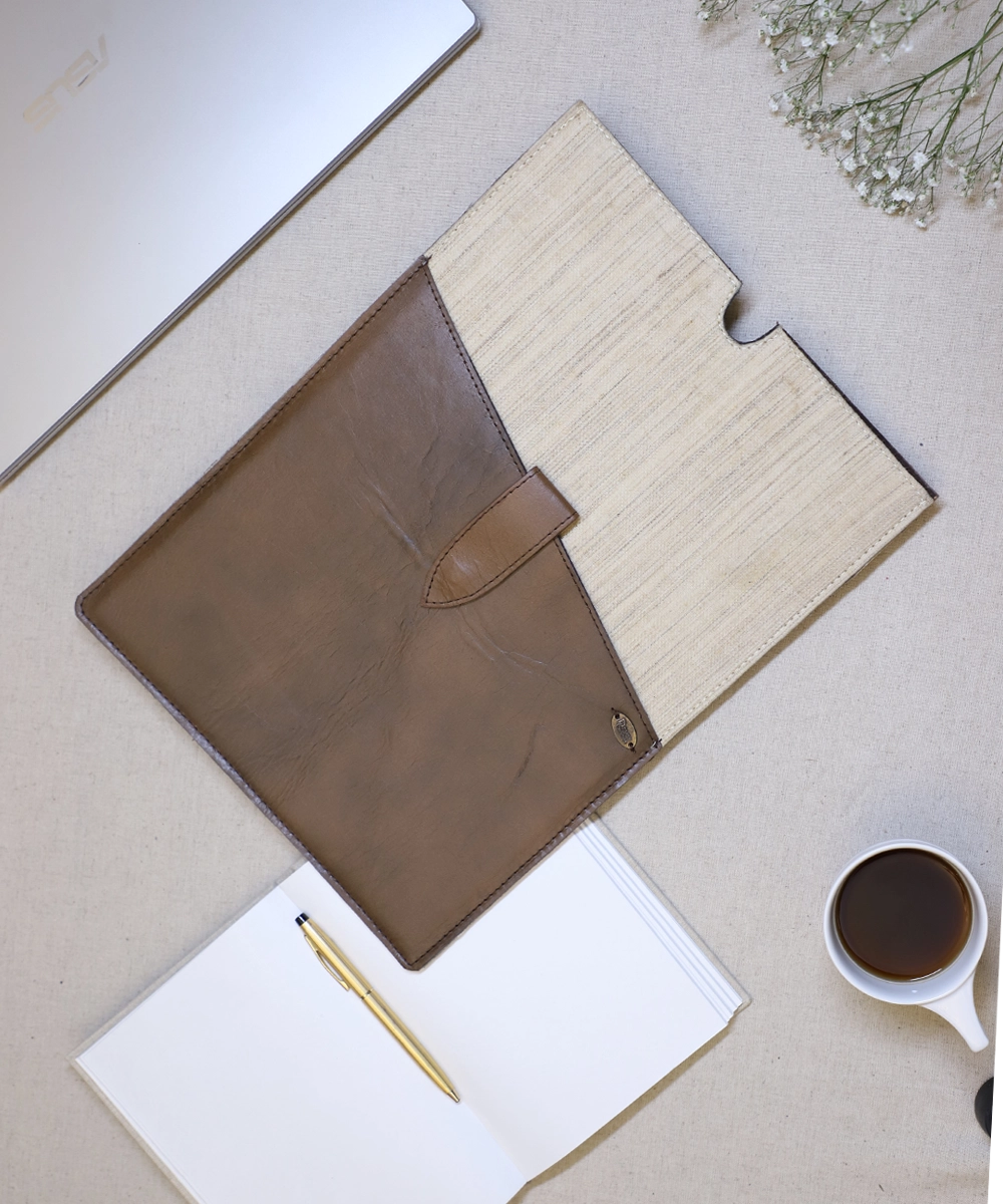 Everyday Beige Handloom with Pure Leather Slip on Laptop Case