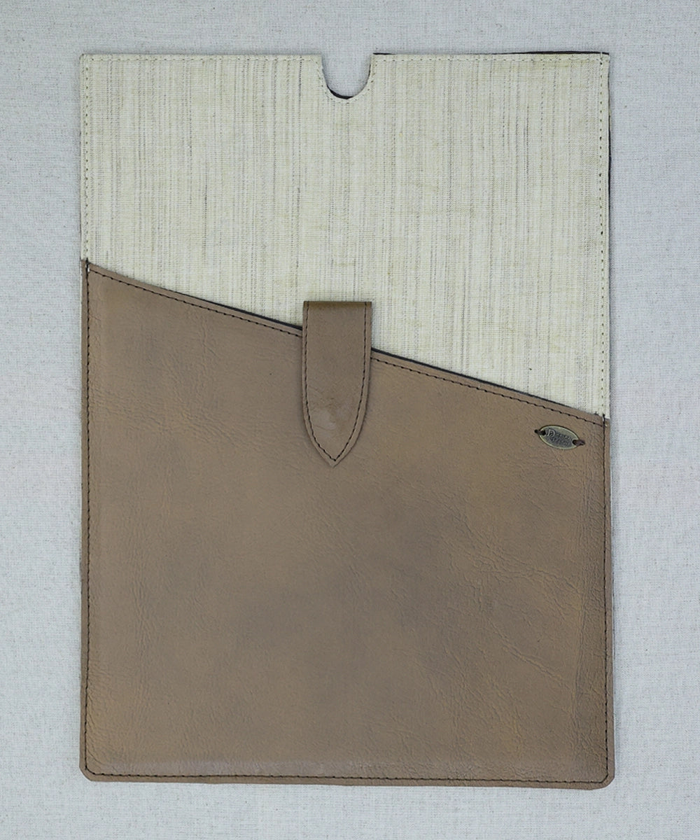 Genuine Brown Leather In Natural Beige Silk Khadi Handloom With Diagonal Cut In Front As Pocket With Button Closure