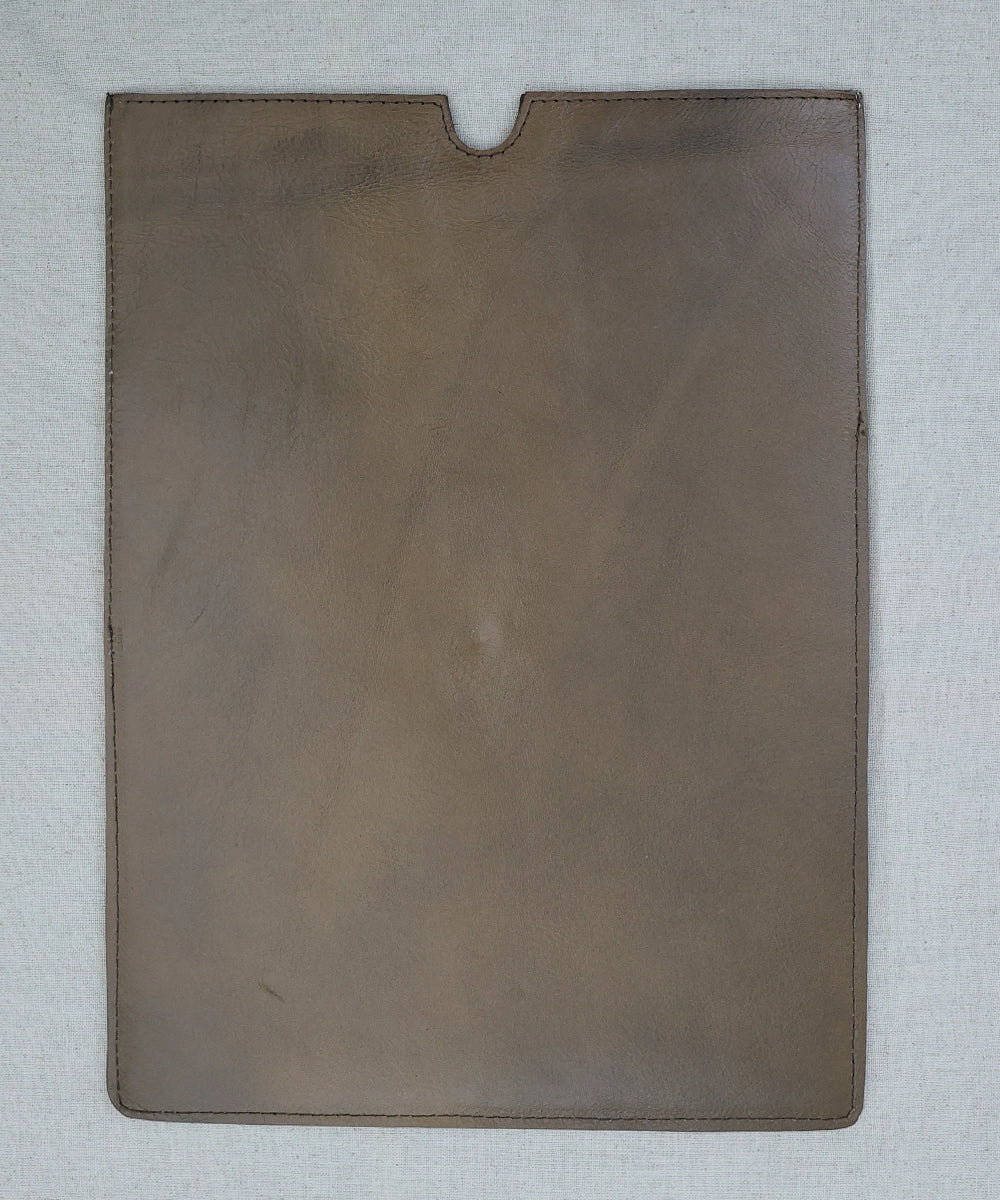 Genuine Brown Leather In Natural Beige Silk Khadi Handloom With Diagonal Cut In Front As Pocket With Button Closure
