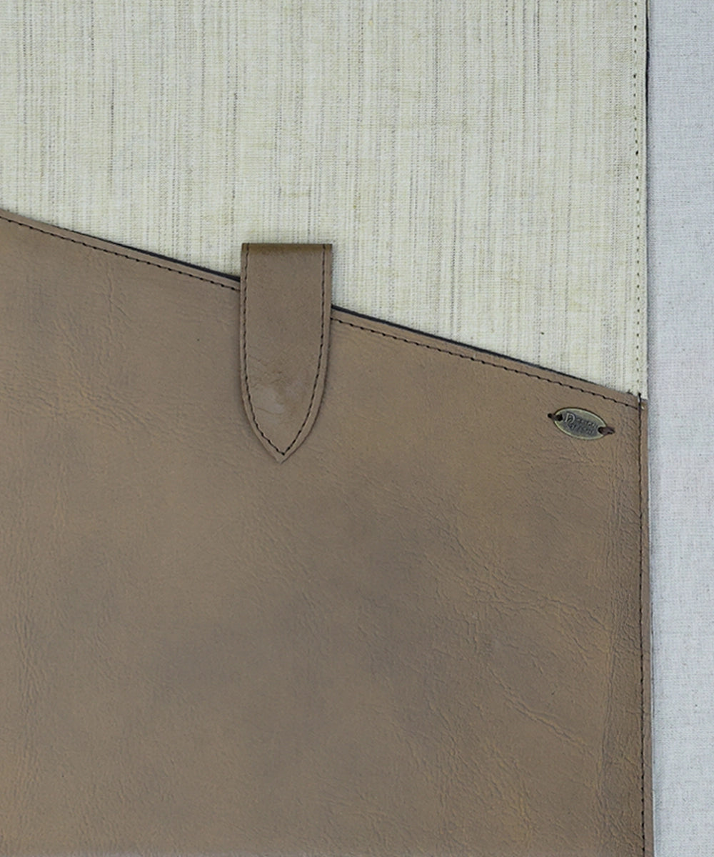 Genuine Brown Leather In Natural Beige Silk Khadi Handloom With Diagonal Cut In Front As Pocket With Button Closure