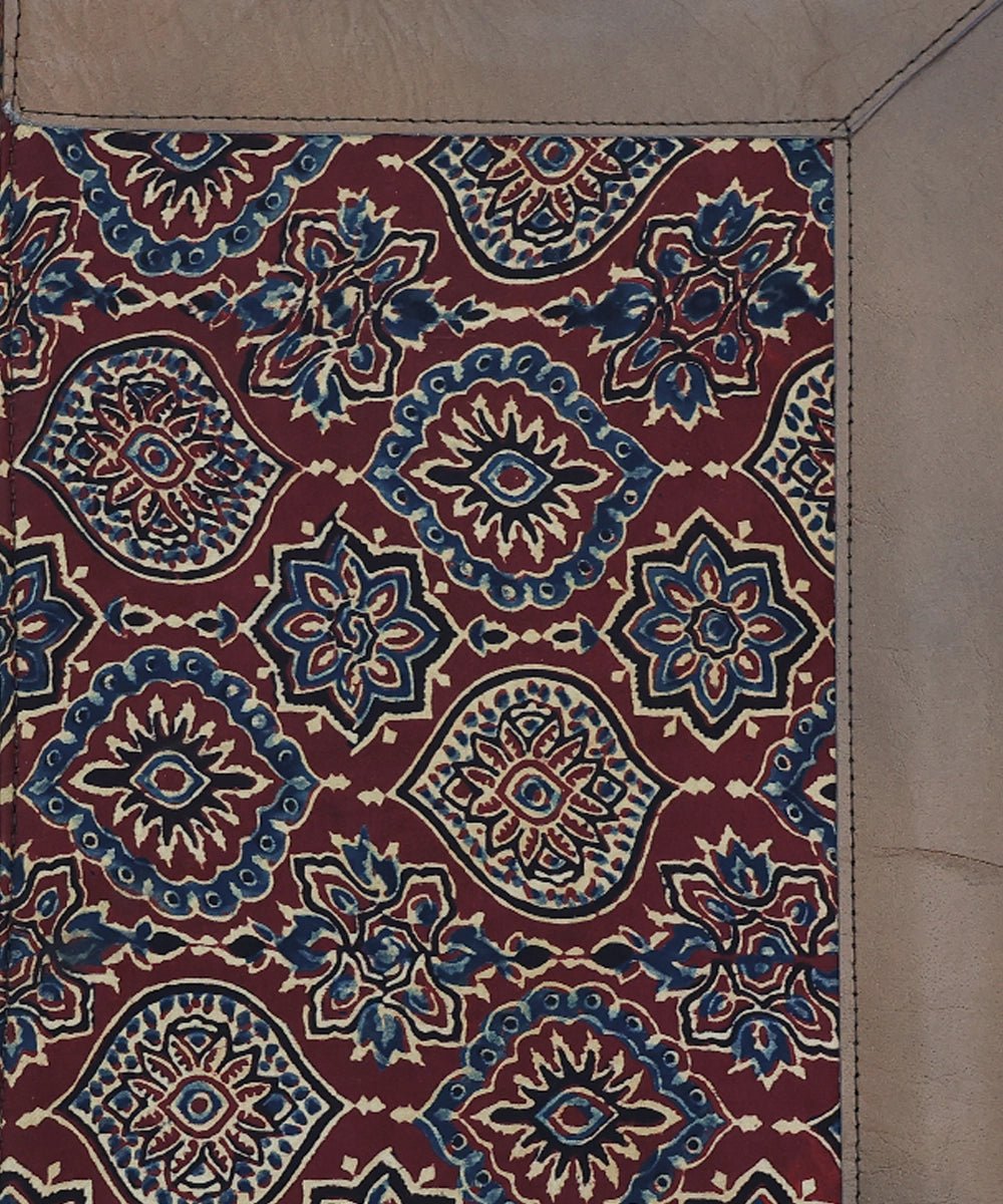 Brown Modal Silk Ajrakh with Pure Leather Handcrafted Laptop Sleeve | Zipper Closure