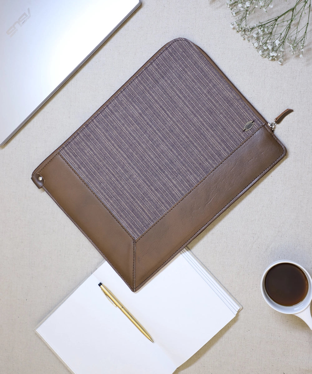 Brown Cotton Handloom with Pure Leather Handcrafted Laptop Sleeve | Zipper Closure