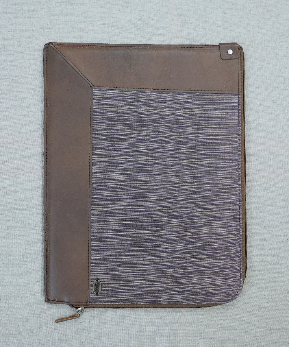 Brown Cotton Handloom with Pure Leather Handcrafted Laptop Sleeve | Zipper Closure