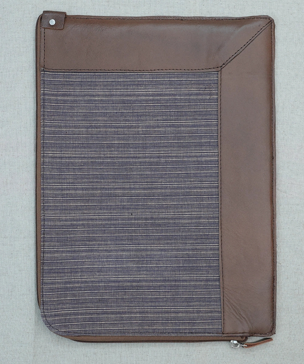 Brown Cotton Handloom with Pure Leather Handcrafted Laptop Sleeve | Zipper Closure
