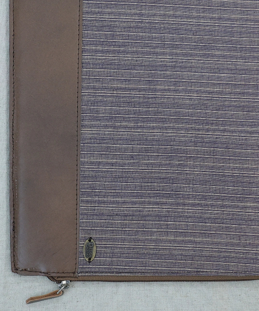 Brown Cotton Handloom with Pure Leather Handcrafted Laptop Sleeve | Zipper Closure