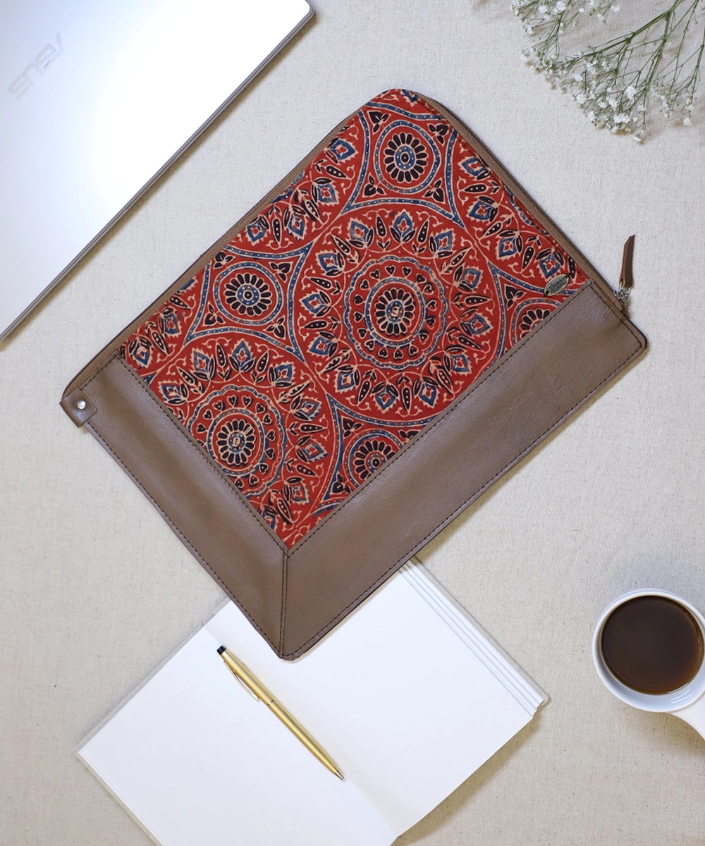 Red Ajrakh with Pure Leather Handcrafted Laptop Sleeve | Zipper Closure