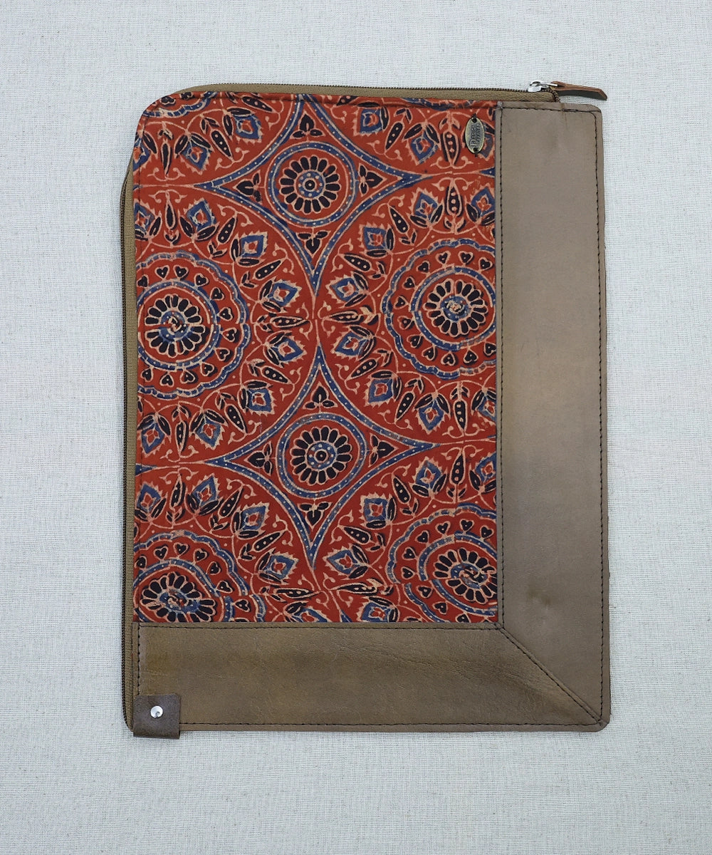 Red Ajrakh with Pure Leather Handcrafted Laptop Sleeve | Zipper Closure