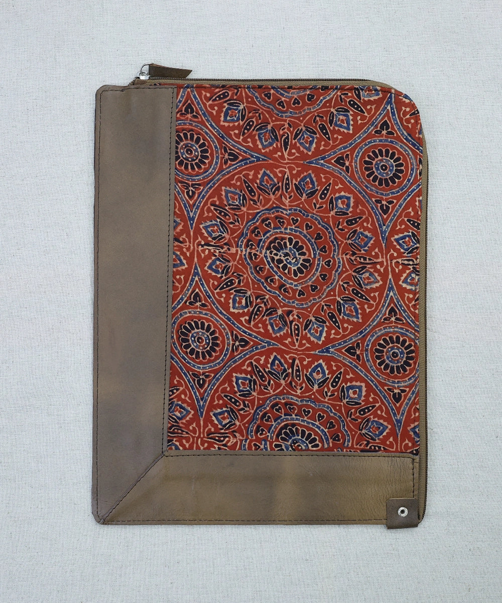 Red Ajrakh with Pure Leather Handcrafted Laptop Sleeve | Zipper Closure