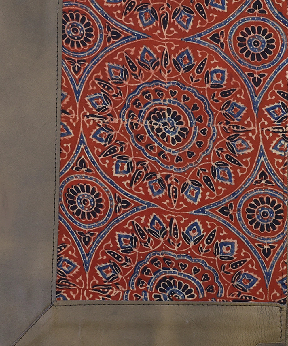 Red Ajrakh with Pure Leather Handcrafted Laptop Sleeve | Zipper Closure