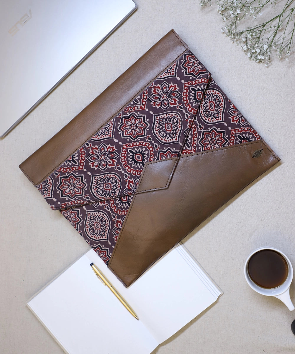 Moroccan Brown Modal Silk Ajrakh with Pure Leather Handcrafted Laptop Sleeve | Button Closure
