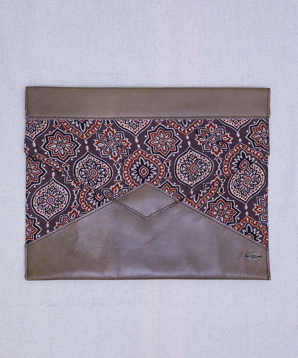 Moroccan Brown Modal Silk Ajrakh with Pure Leather Handcrafted Laptop Sleeve | Button Closure