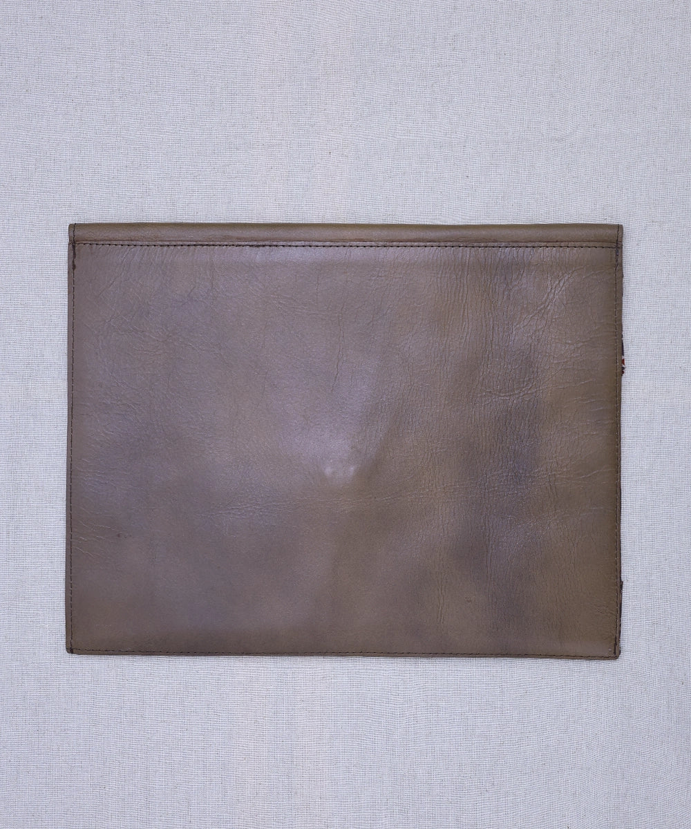 Moroccan Brown Modal Silk Ajrakh with Pure Leather Handcrafted Laptop Sleeve | Button Closure