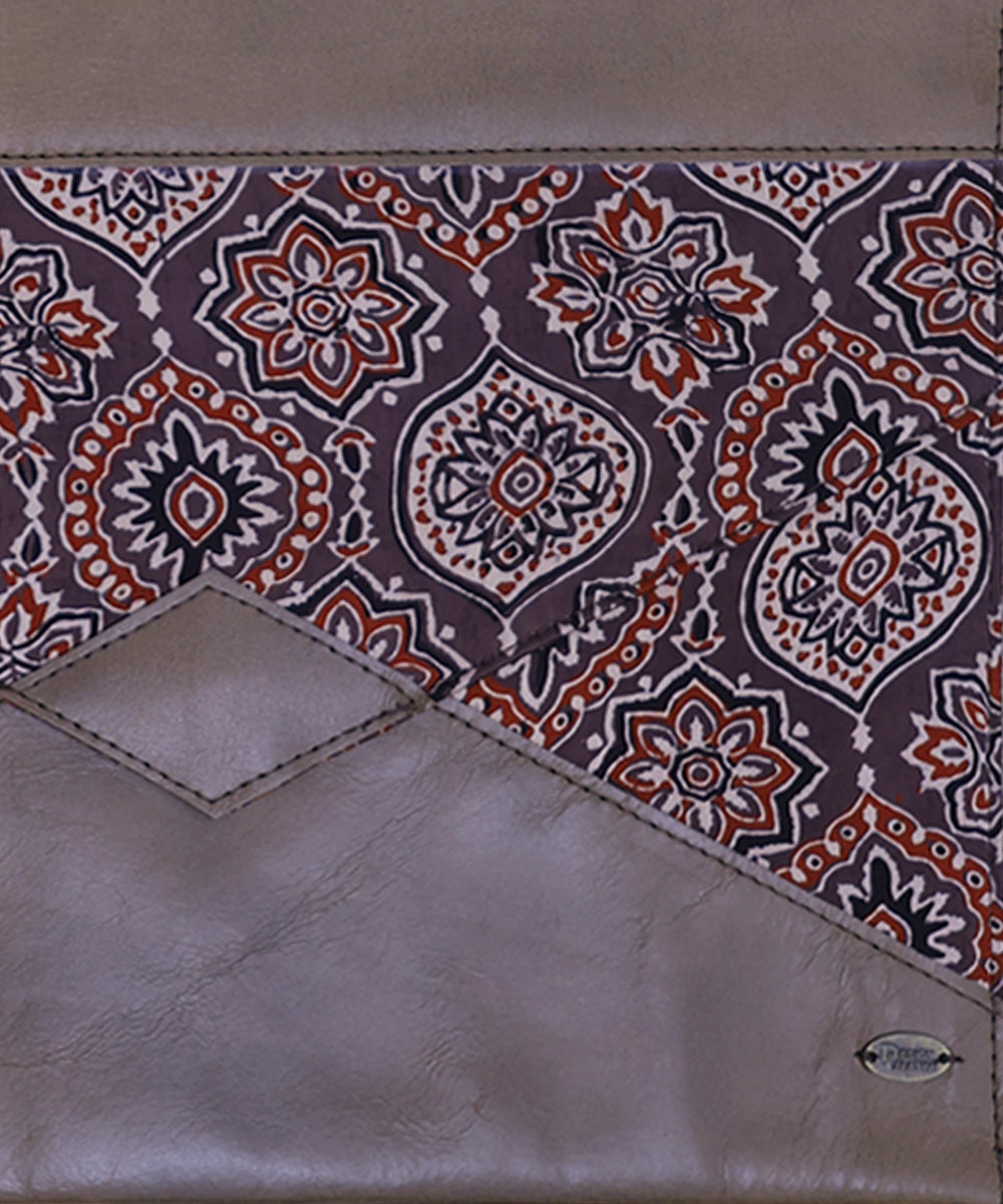 Moroccan Brown Modal Silk Ajrakh with Pure Leather Handcrafted Laptop Sleeve | Button Closure