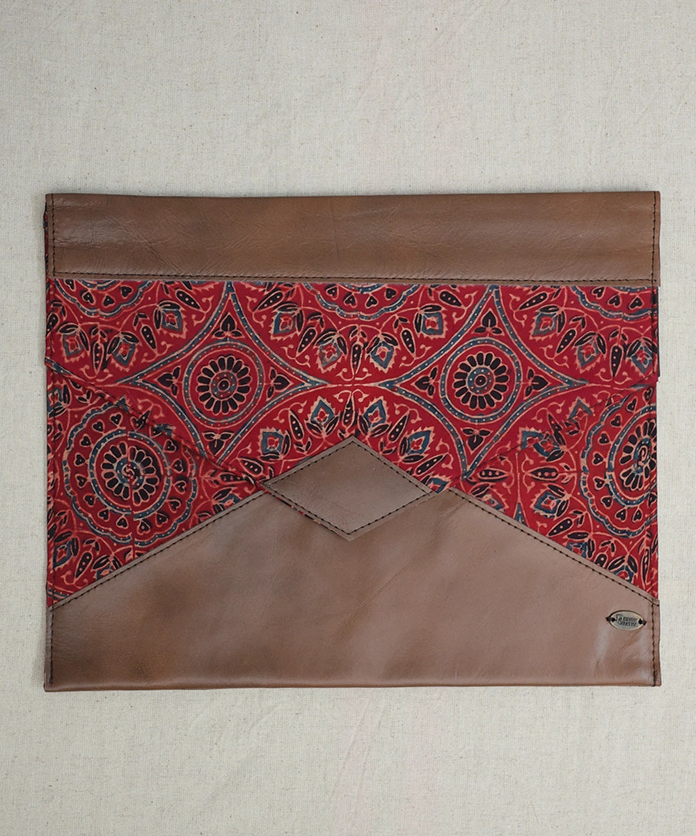 Moroccan Red Modal Silk Ajrakh with Pure Leather Handcrafted Laptop Sleeve | Button Closure