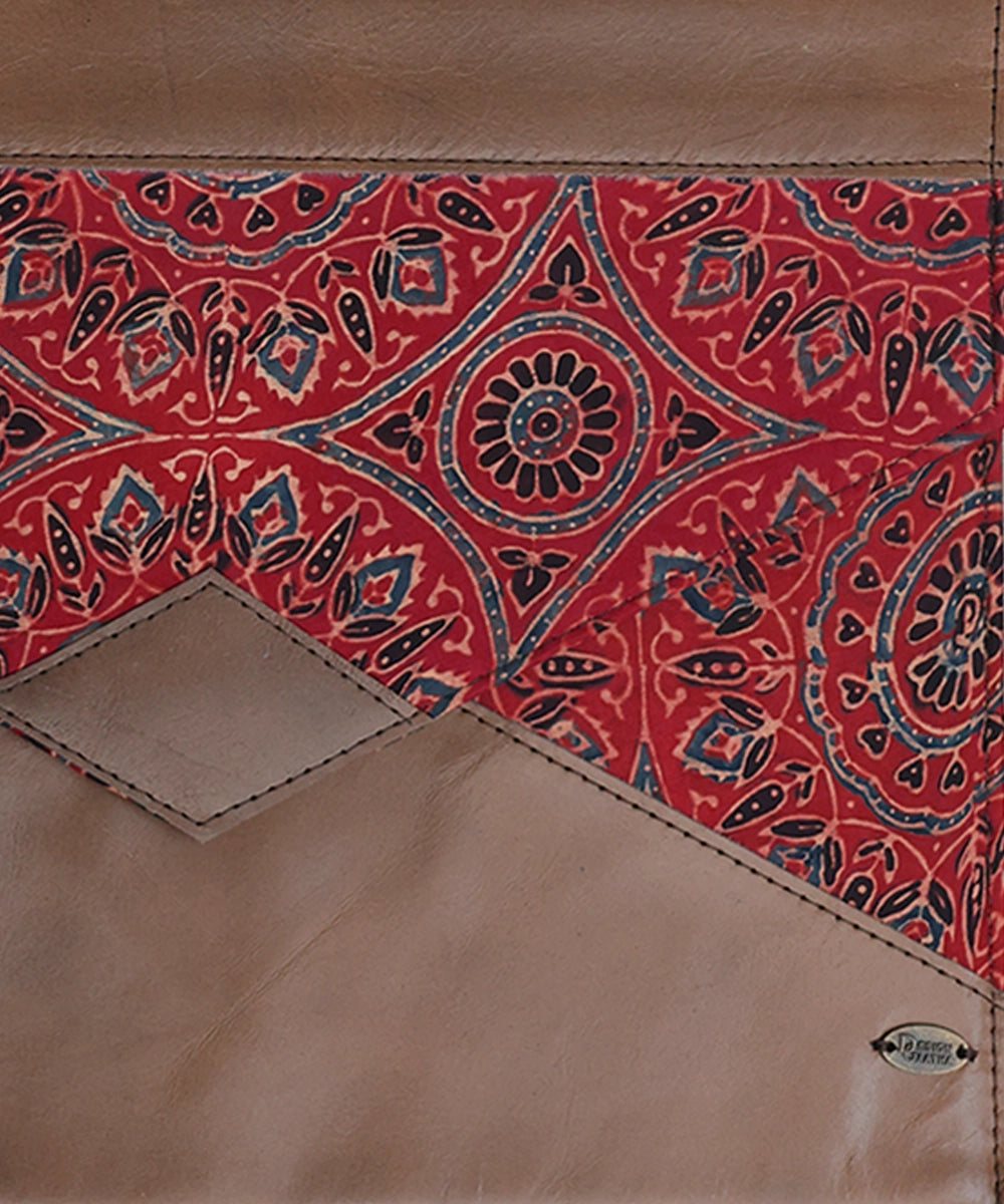 Moroccan Red Modal Silk Ajrakh with Pure Leather Handcrafted Laptop Sleeve | Button Closure