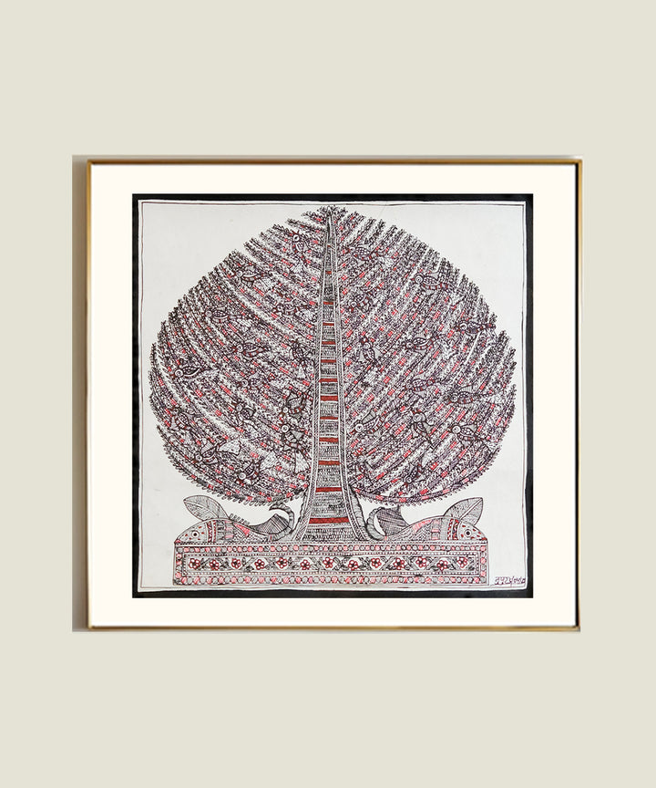 Madhubani Hand Painting on Paper | Tree of Life with Fishes | 10x10 Inches (Unframed)