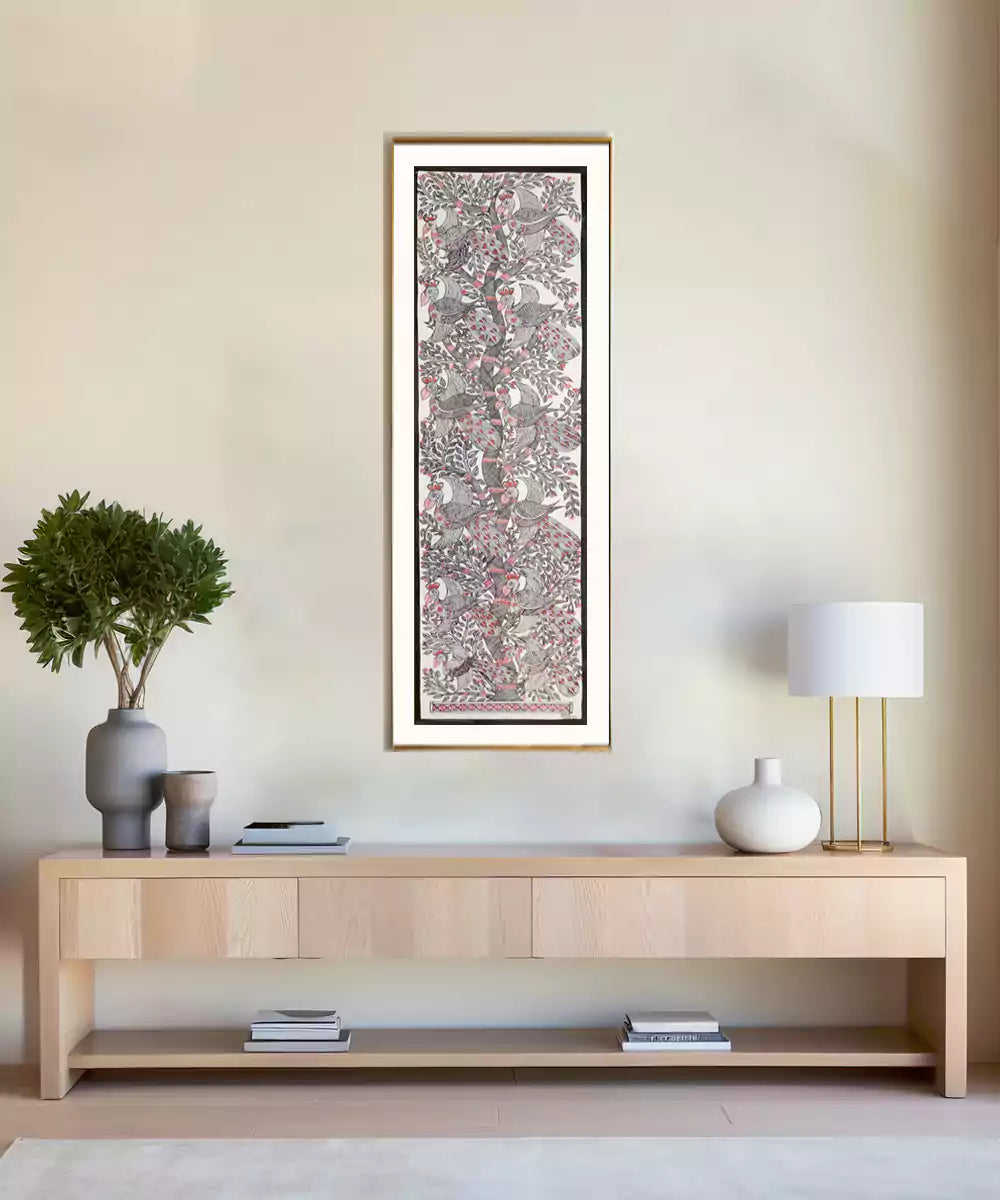 Madhubani Hand Painting on Paper | Tree with multiple birds | 8x30 Inches (Unframed)