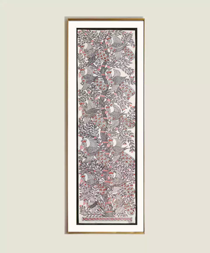 Madhubani Hand Painting on Paper | Tree with multiple birds | 8x30 Inches (Unframed)