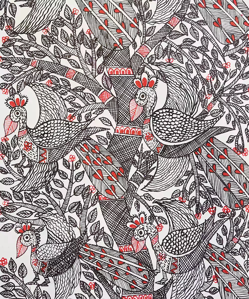 Madhubani Hand Painting on Paper | Tree with multiple birds | 8x30 Inches (Unframed)