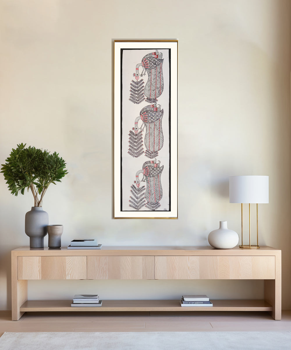Madhubani Hand Painting on Paper | 3 birds | 8x30 Inches (Unframed)