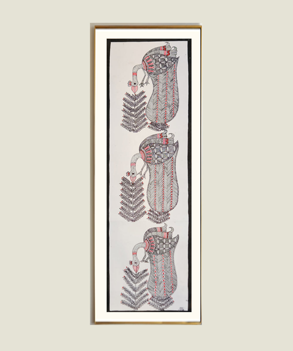 Madhubani Hand Painting on Paper | 3 birds | 8x30 Inches (Unframed)