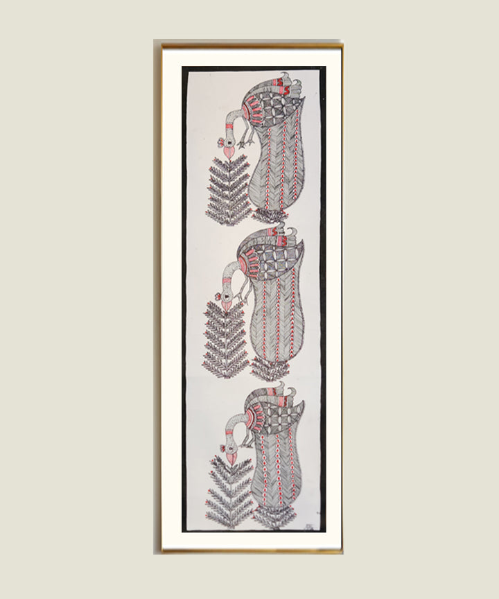 Madhubani Hand Painting on Paper | 3 birds | 8x30 Inches (Unframed)