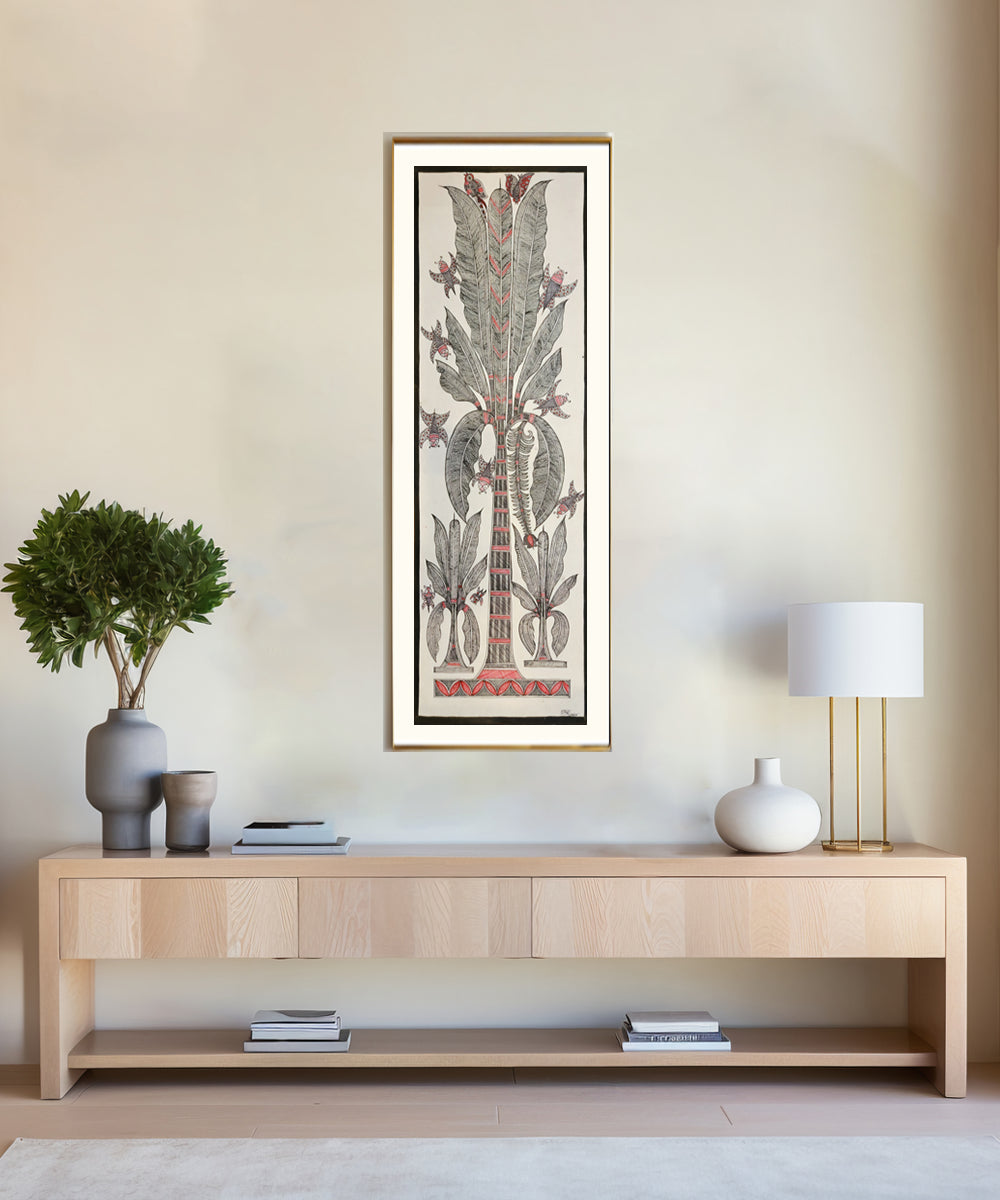 Madhubani Hand Painting on Paper | Banana Tree with Bees | 10x30 Inches (Unframed)