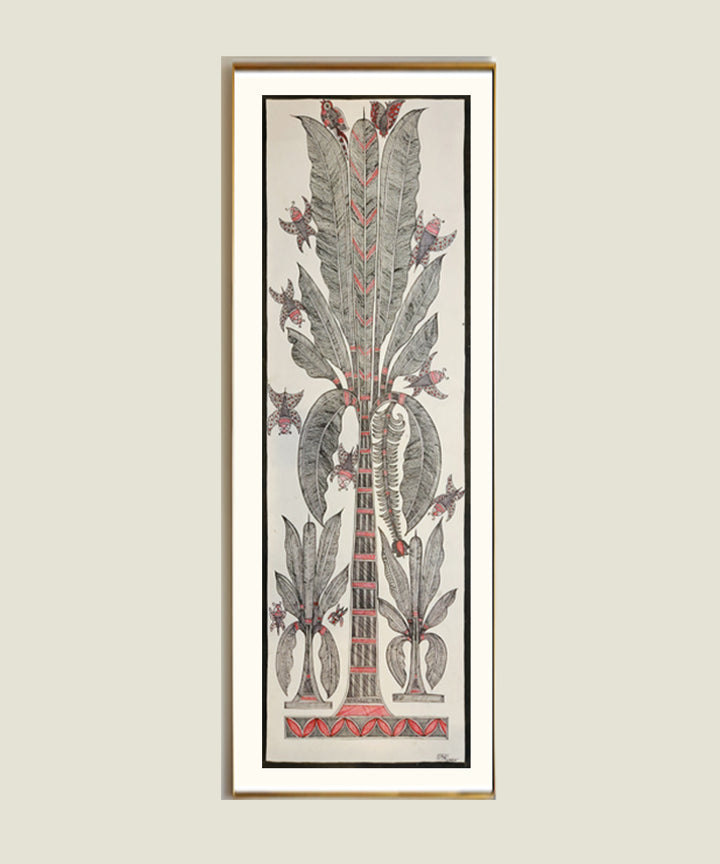 Madhubani Hand Painting on Paper | Banana Tree with Bees | 10x30 Inches (Unframed)