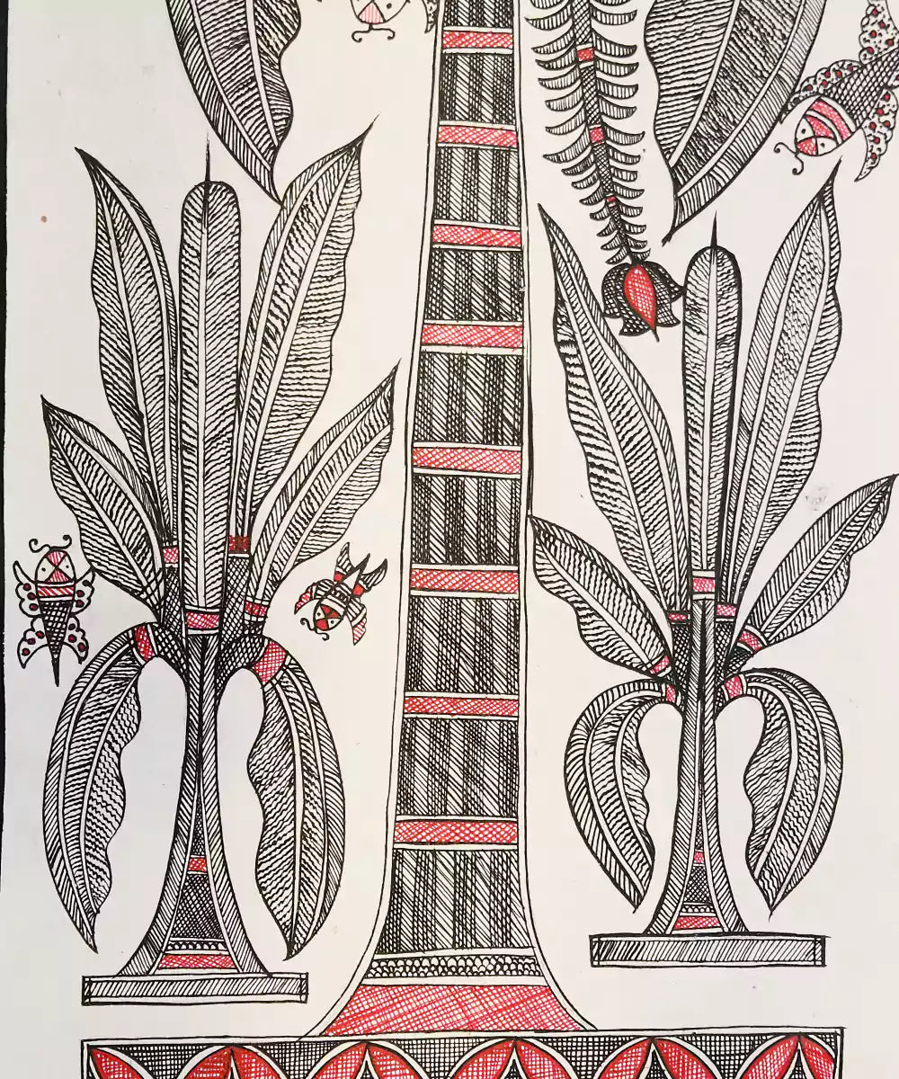 Madhubani Hand Painting on Paper | Banana Tree with Bees | 10x30 Inches (Unframed)