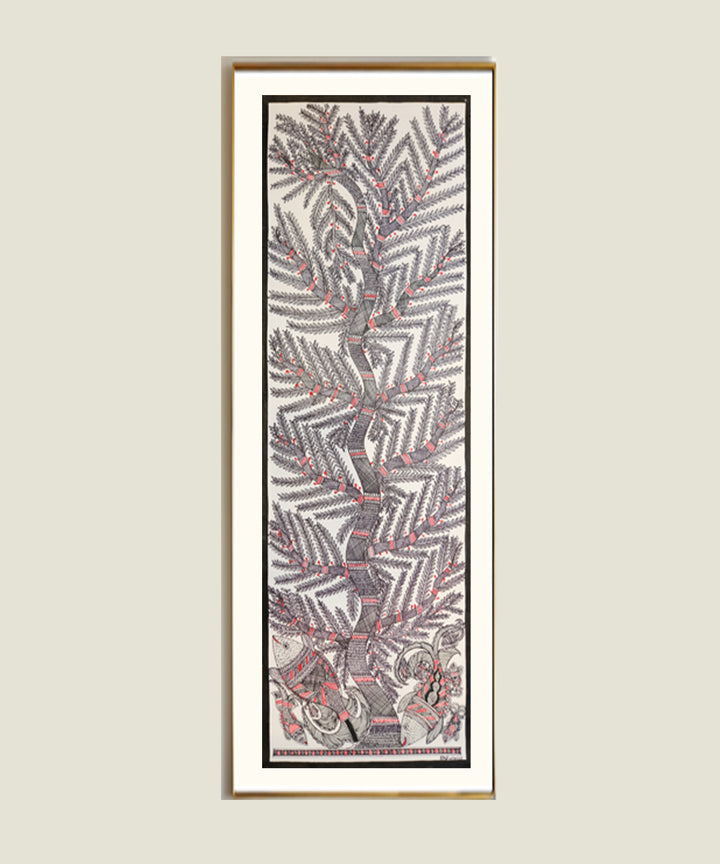 Madhubani Hand Painting on Paper | Tree with fishes | 10x30 Inches (Unframed)