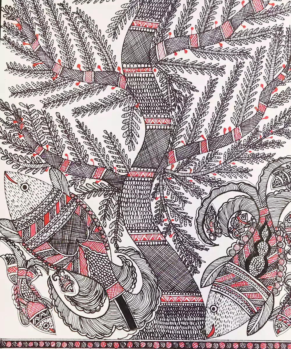 Madhubani Hand Painting on Paper | Tree with fishes | 10x30 Inches (Unframed)