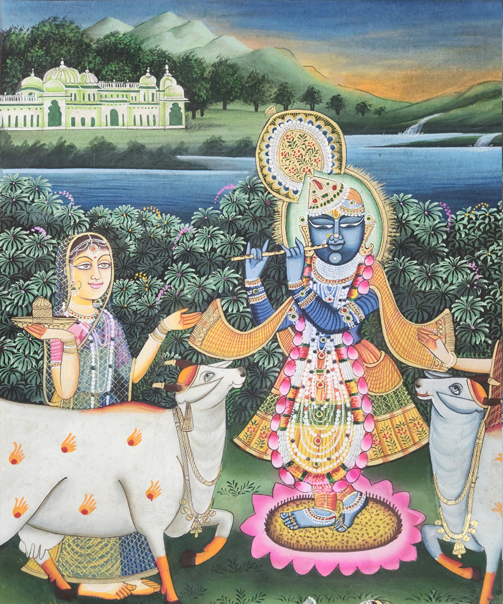 Lord Krishna with Gopis & Cows  Pichwai Hand Painting On Cloth |  2x3 feet | Unframed