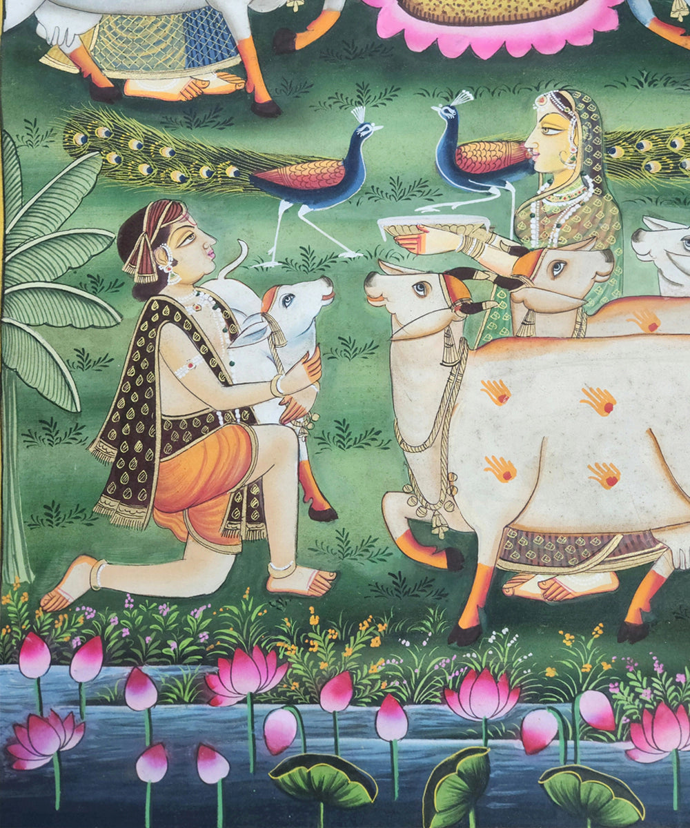 Lord Krishna with Gopis & Cows  Pichwai Hand Painting On Cloth |  2x3 feet | Unframed