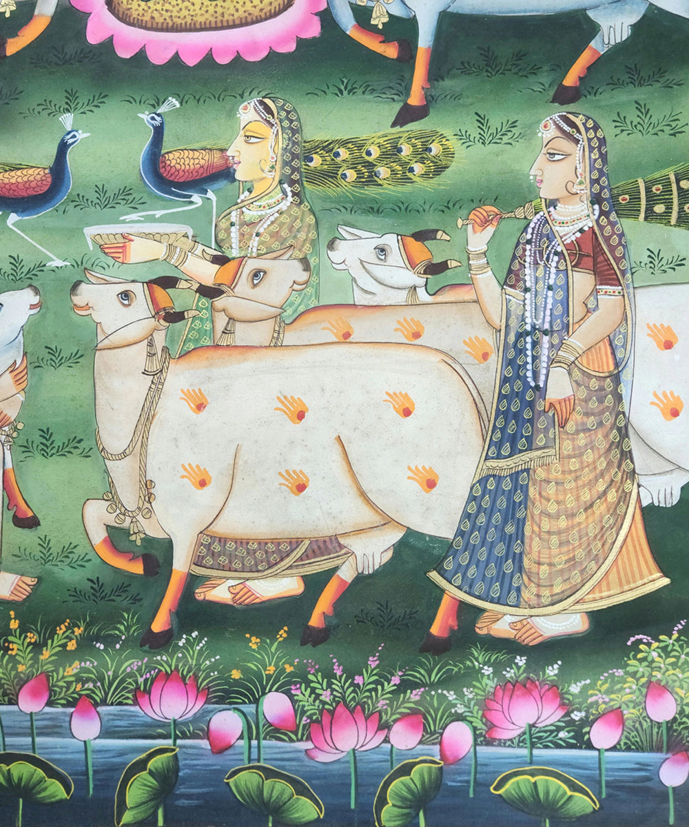 Lord Krishna with Gopis & Cows  Pichwai Hand Painting On Cloth |  2x3 feet | Unframed