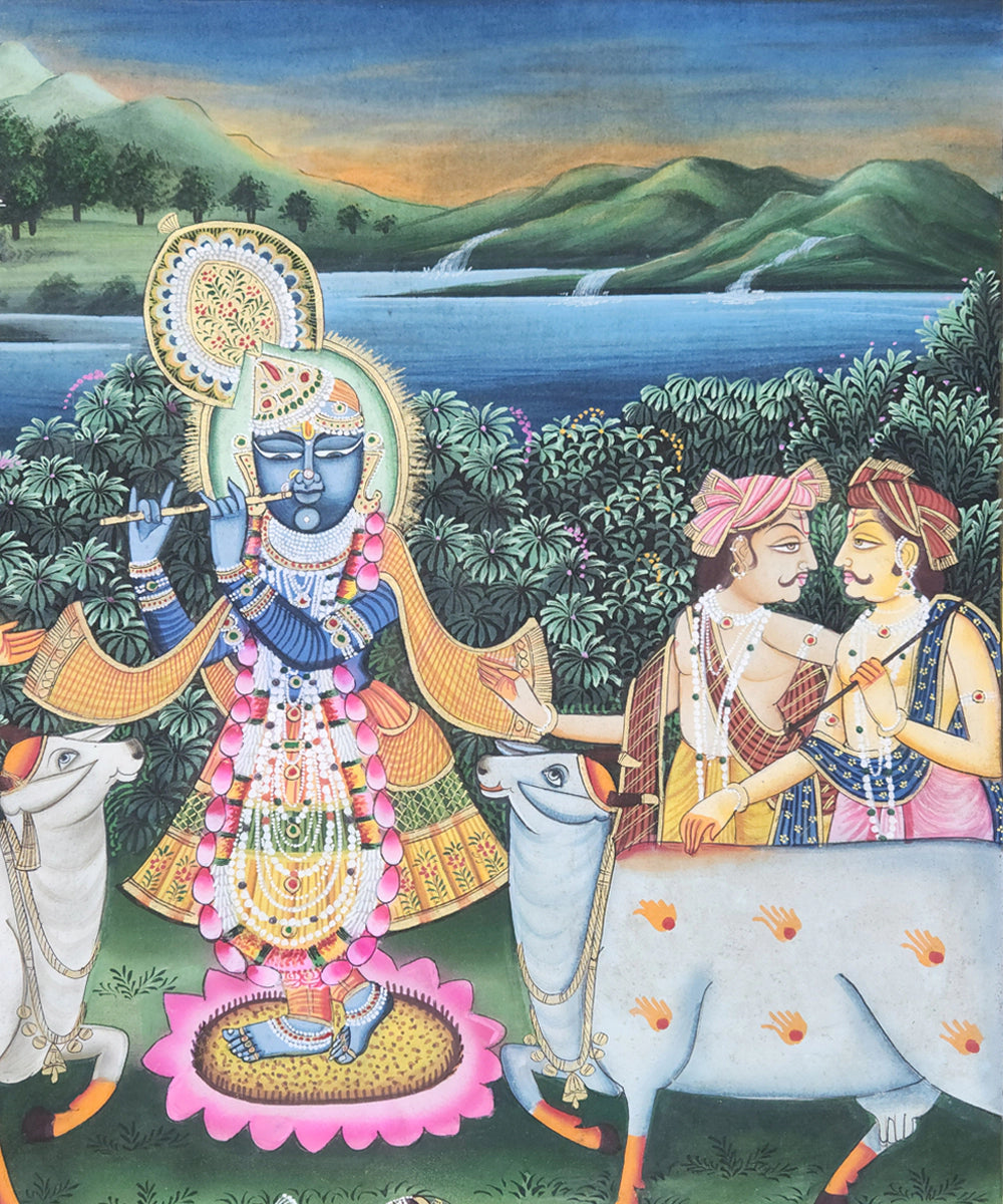 Lord Krishna with Gopis & Cows  Pichwai Hand Painting On Cloth |  2x3 feet | Unframed