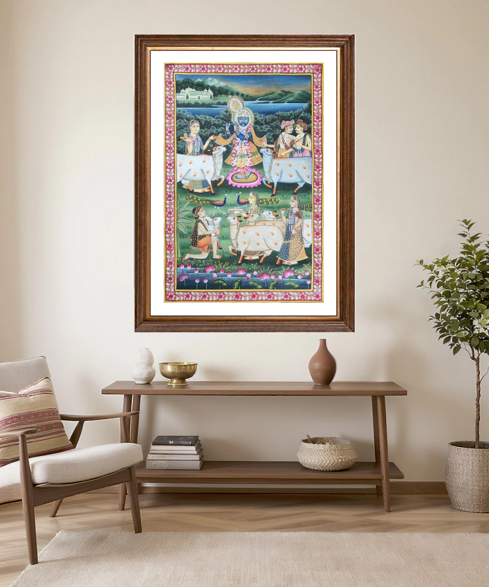 Lord Krishna with Gopis & Cows  Pichwai Hand Painting On Cloth |  2x3 feet | Unframed