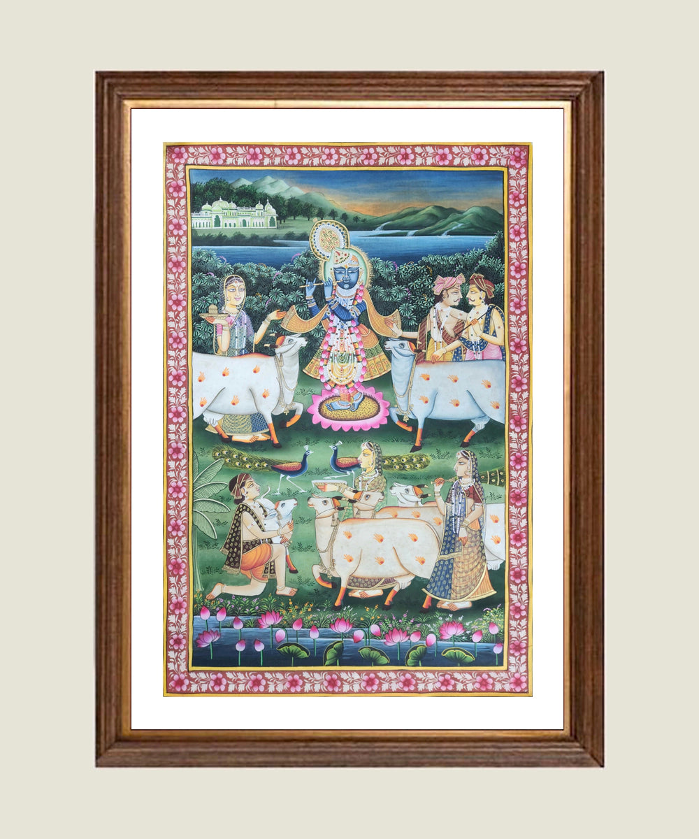 Lord Krishna with Gopis & Cows  Pichwai Hand Painting On Cloth |  2x3 feet | Unframed