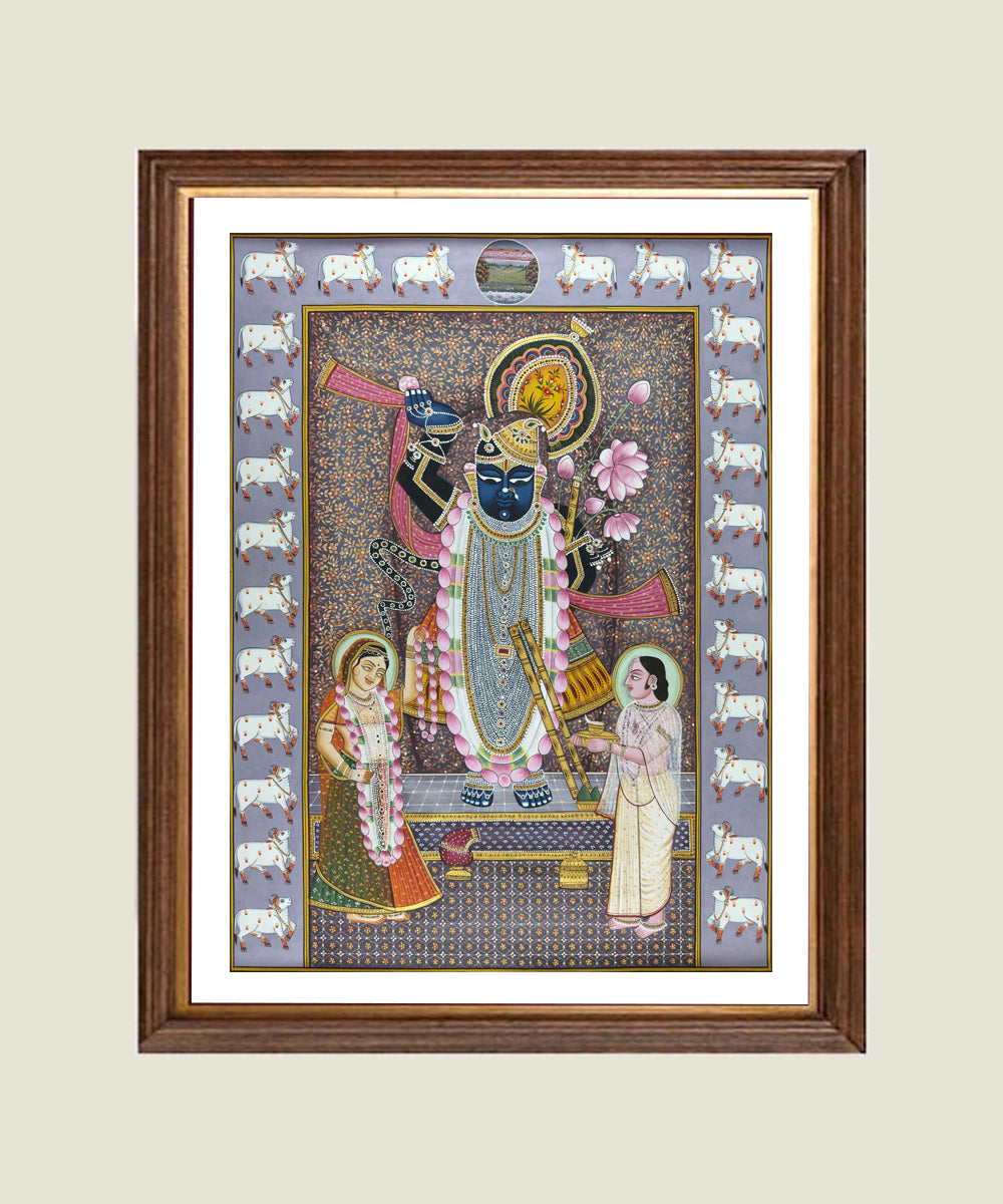 Shrinath ji with Cow Pichwai Hand Painting Unframed (3x4 Feet)