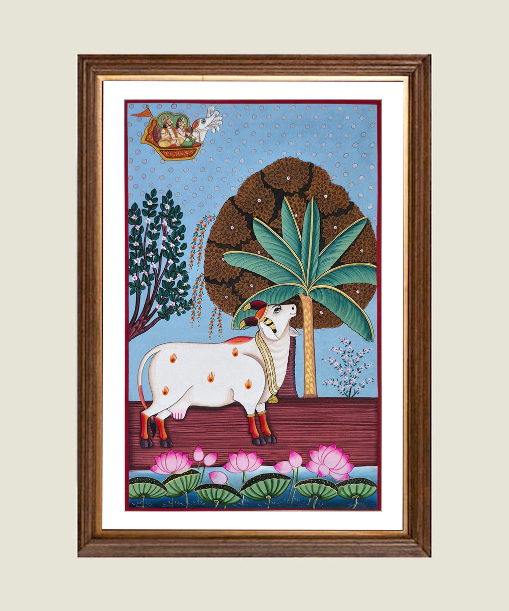 Divine Cow Under Lotus Sky - Pichwai Hand Painting Unframed (10" x 16")