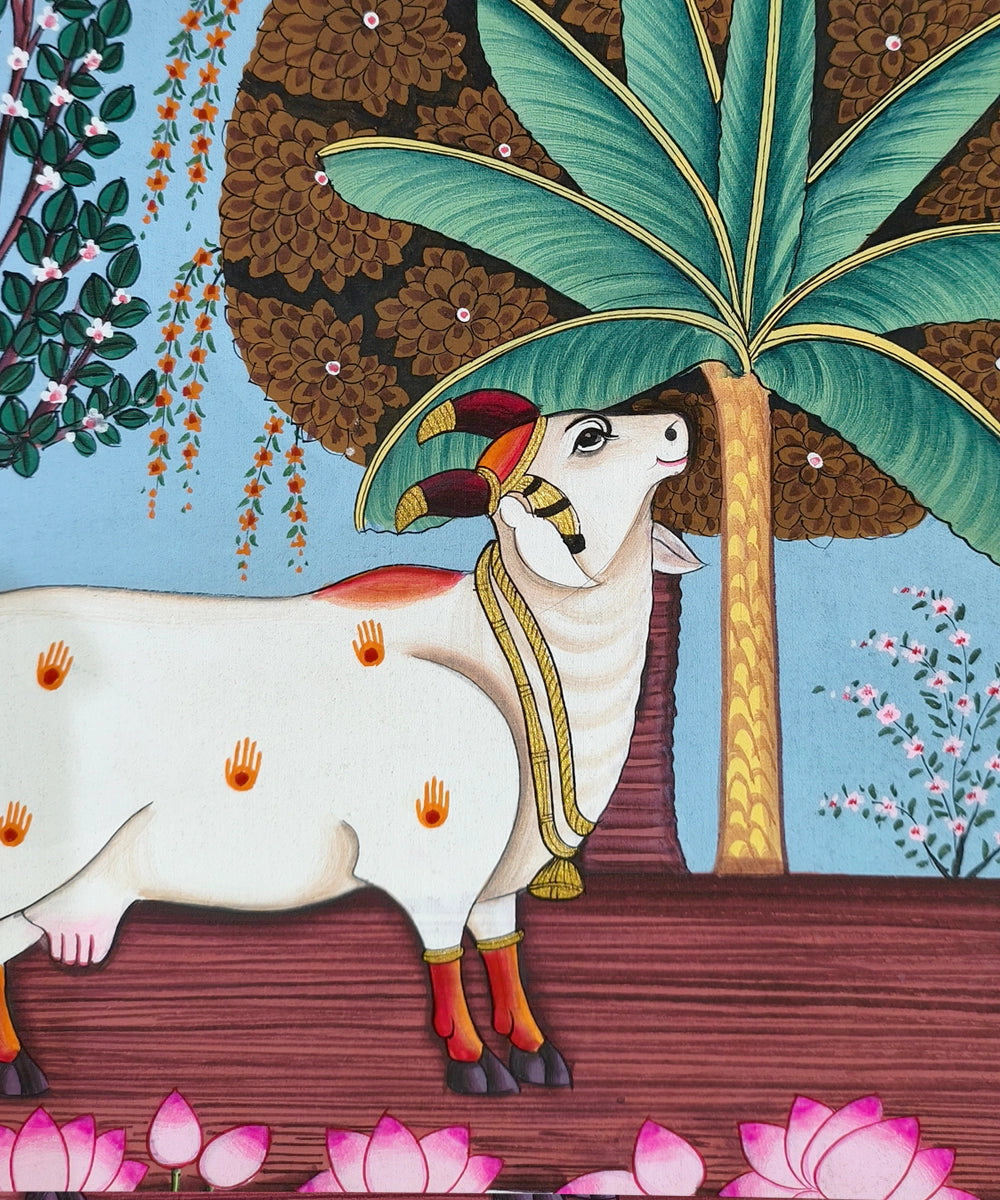 Divine Cow Under Lotus Sky - Pichwai Hand Painting Unframed (10" x 16")
