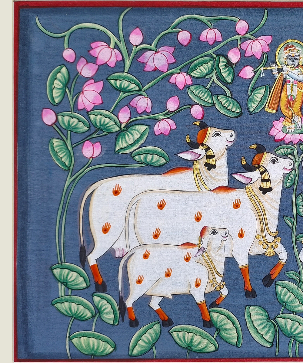 Shrinathji with Cows - Pichwai Hand Painting Unframed (16" x 10")