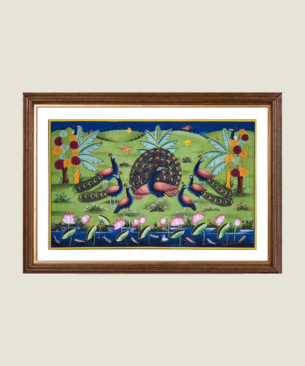 Dancing Peacocks by the Lotus Pond - Pichwai Hand Painting Unframed (16" x 10")