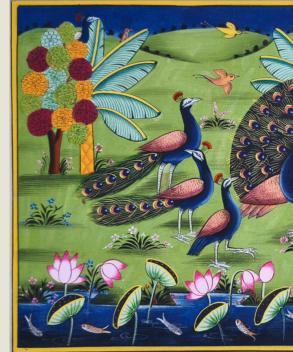Dancing Peacocks by the Lotus Pond - Pichwai Hand Painting Unframed (16" x 10")