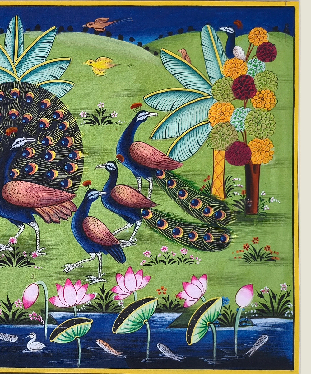Dancing Peacocks by the Lotus Pond - Pichwai Hand Painting Unframed (16" x 10")