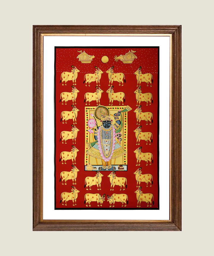Shrinath ji & Cows Red & Gold Pichwai Hand Painting On Cloth | 17x27 Feet | Unframed
