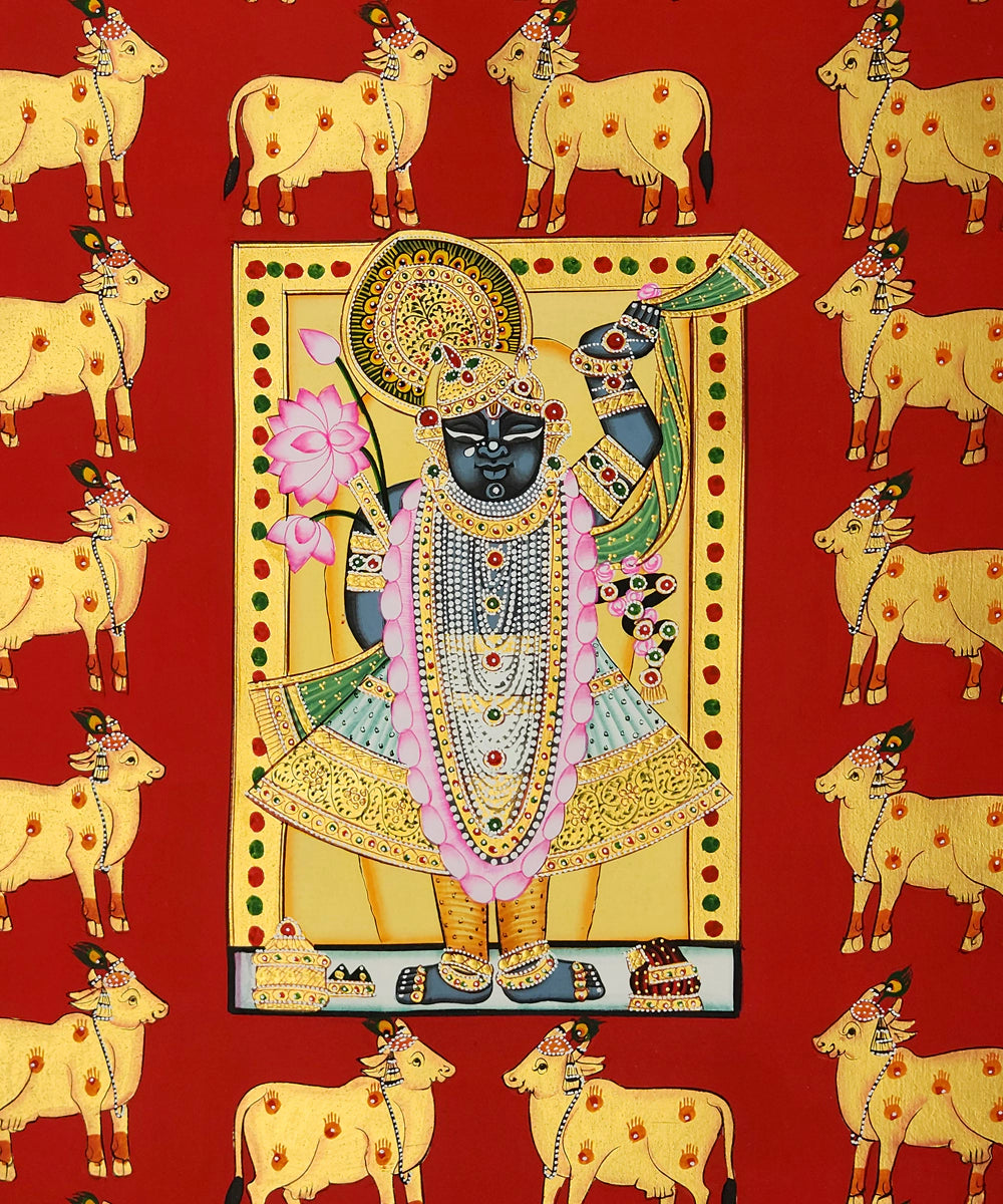 Shrinath ji & Cows Red & Gold Pichwai Hand Painting On Cloth | 17x27 Feet | Unframed